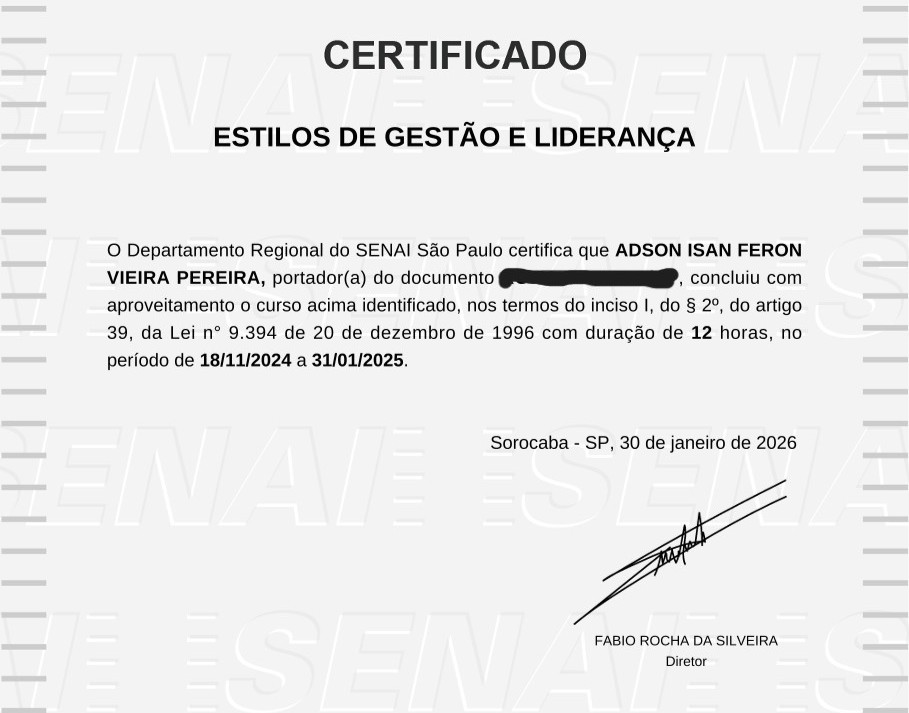 Certificado do SENAI — Estilos de Gestão e Liderança